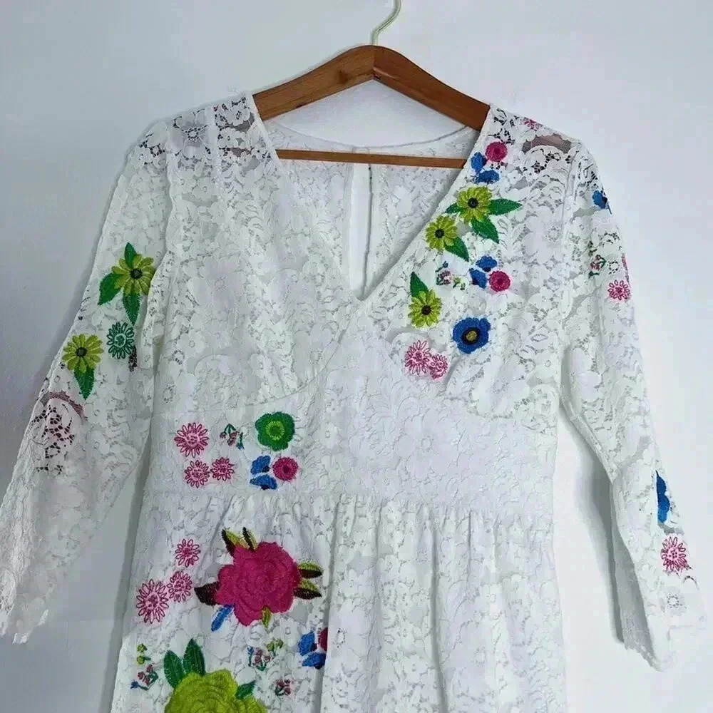 Anthropologie Tracy Reese White Lace Floral Embroidered Dress Women's Size 8 - Picture 2 of 9